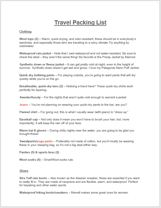 Packing List Template 13