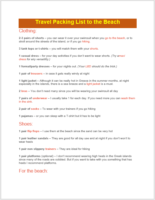 Packing List Template 20