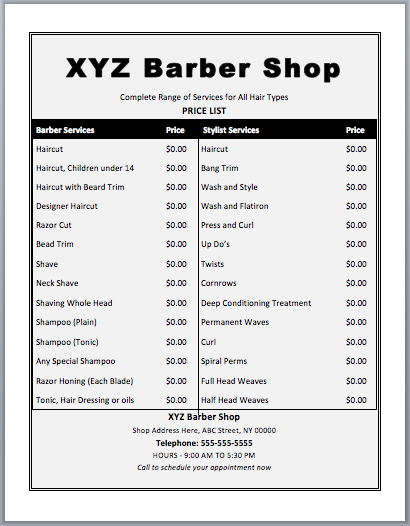 Barber Shop Price List Template