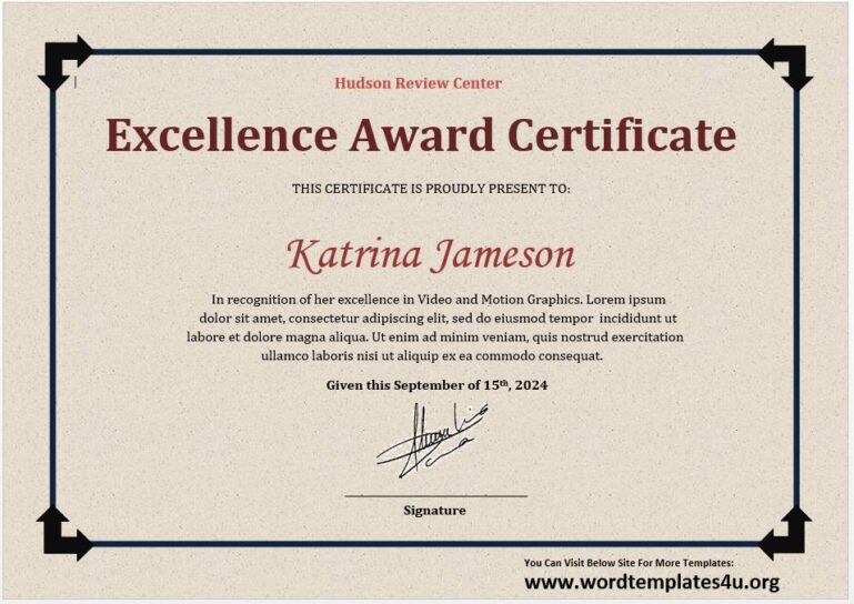 Certificate of Excellence Templates Word Templates