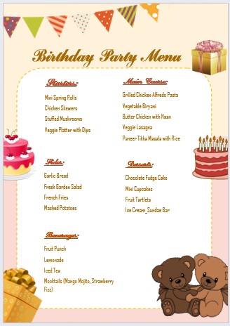 birthday bash menu template