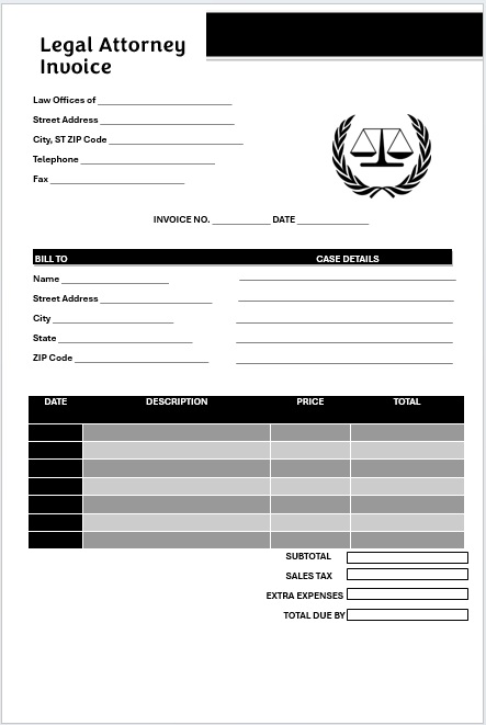 black and white legal attorney invoice template