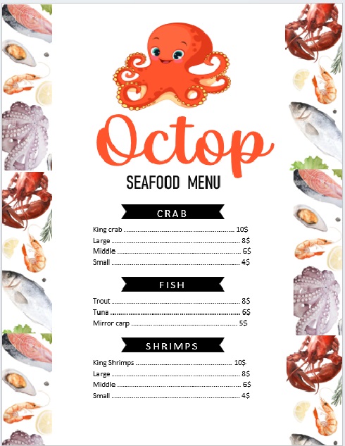 editable Seafood Menu Template