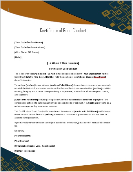 editable good conduct certificate template