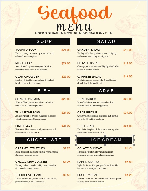 print-ready seafood menu template