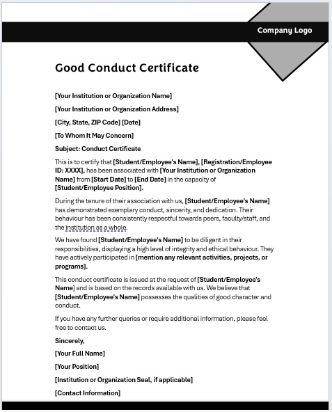 sample good conduct certificate template