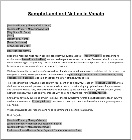 Editable Landlord Notice to Vacate Word