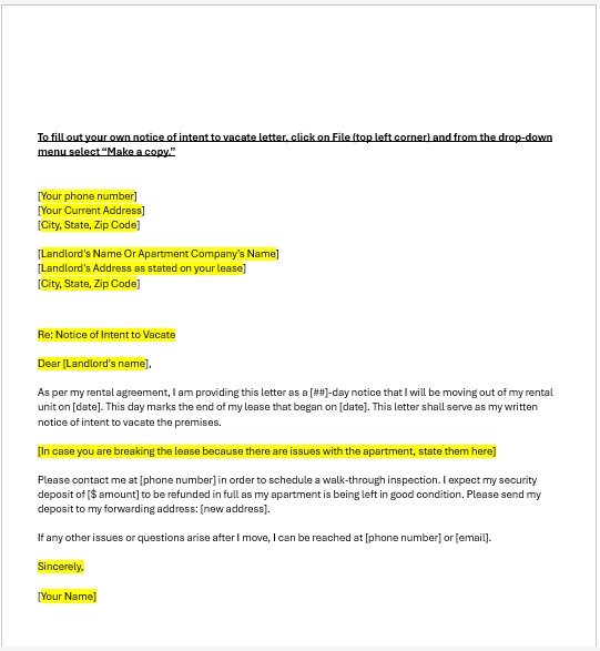 Free Sample Landlord Notice to Vacate