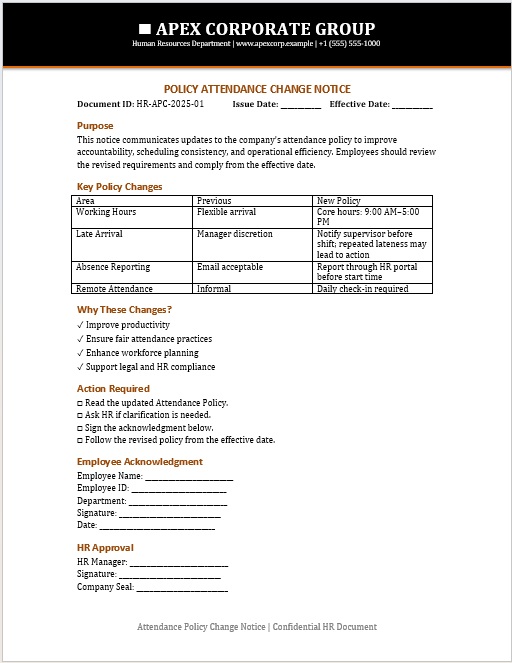 Attendance policy change notice sample for notifying staff about attendance rule changes