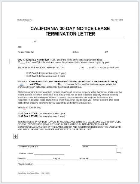 california 30-Day Notice to Vacate