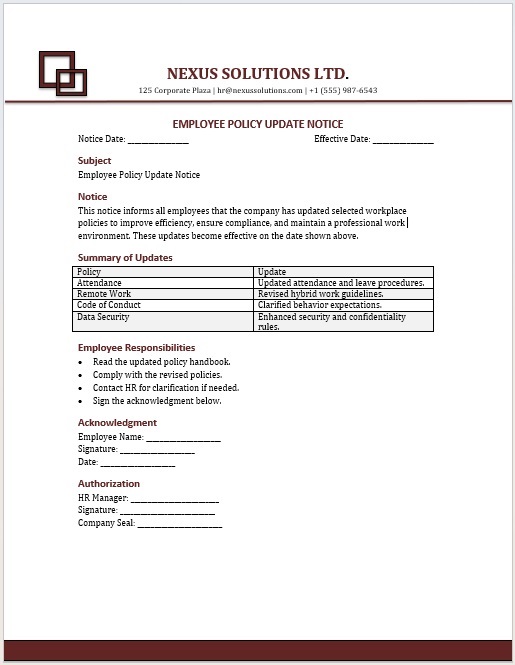 Employee policy change notice sample for announcing workplace policy updates