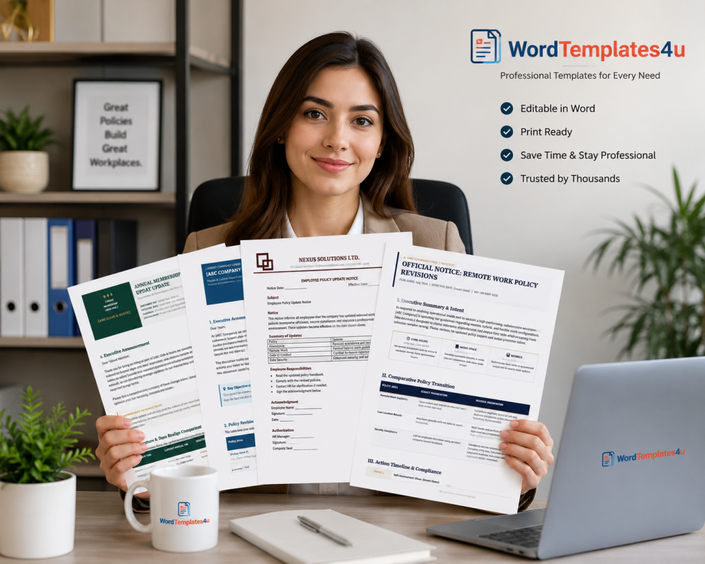 Editable policy change notice samples for businesses, HR, schools, and organizations