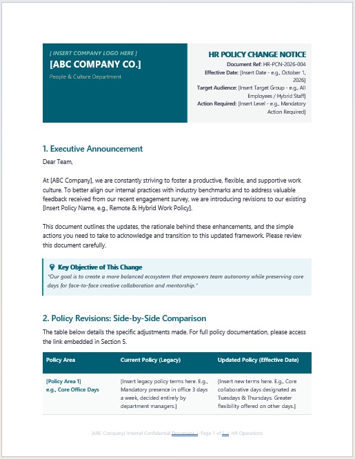 HR policy change notice sample for communicating human resources policy revisions