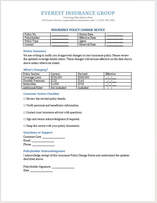 Insurance policy change notice sample for informing employees about insurance policy changes