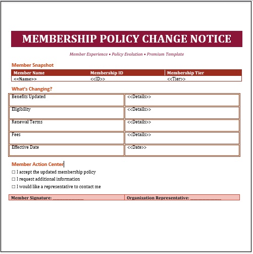 Membership policy change notice sample for notifying members about updated policy terms