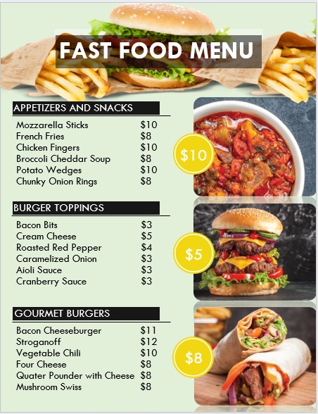modern fast food menu template