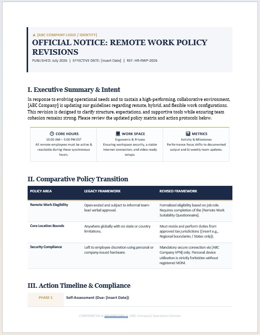 Remote work policy change notice sample for updated work from home guidelines