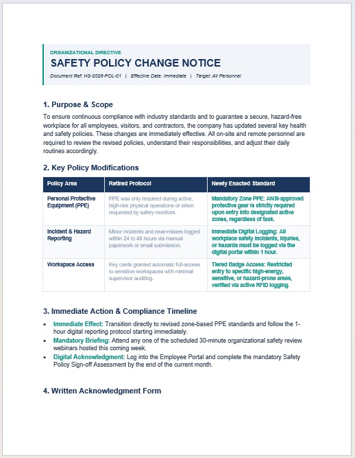 safety policy change notice sample for workplace health and safety policy updates