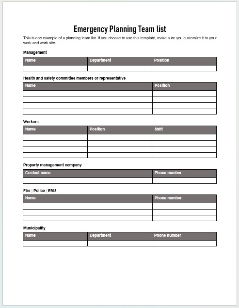 emergency planning team list template