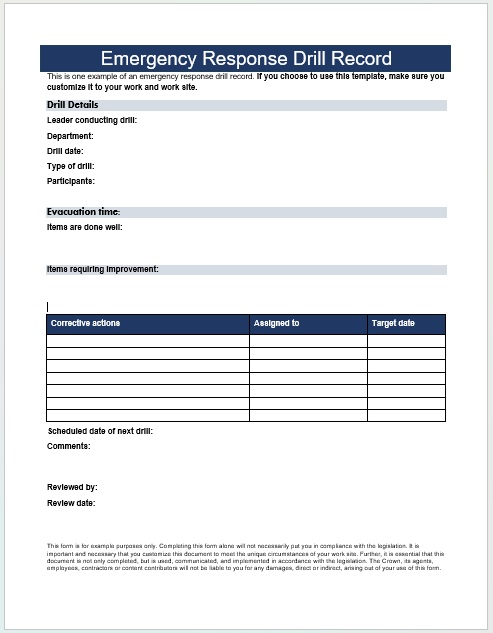 emergency response drill record template