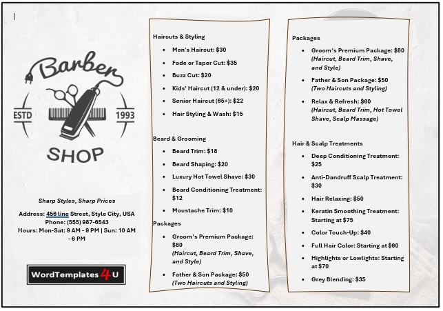 barber shop price list