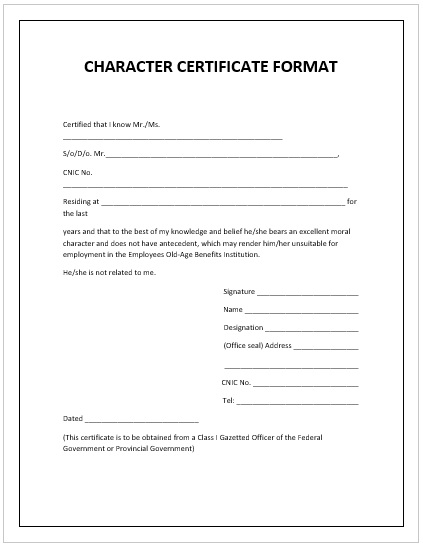 character certificate format