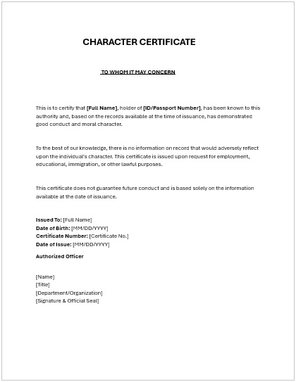 character certificate sample