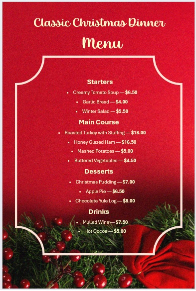 classic christmas dinner menu template