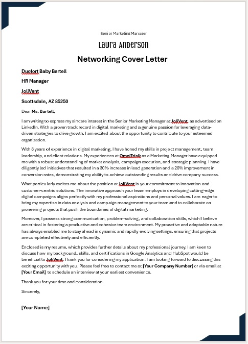 Networking Cover Letter Template