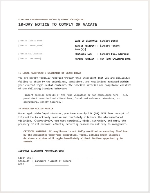 Printable 10-day eviction notice template for lease violations or unpaid rent.