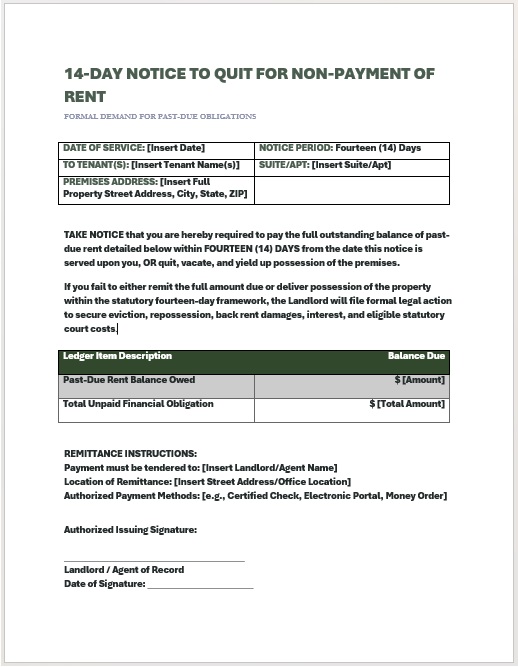 14-day lease termination notice to end a rental agreement with clear terms and legal formatting
