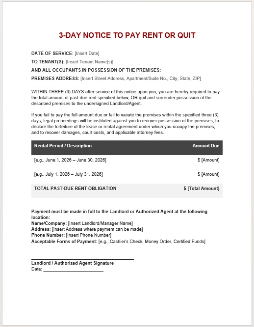 Printable 3-day notice to quit letter for landlords to notify tenants to vacate the rental property.