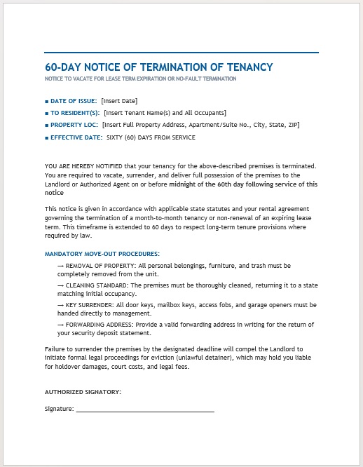 Professional 60-day tenant move-out notice for residential lease termination and property vacating.