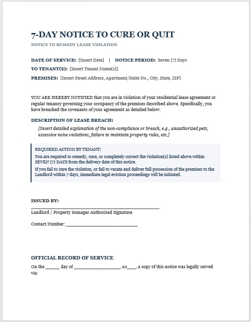 Editable 7-day eviction notice for lease violations or unpaid rent with a professional layout.