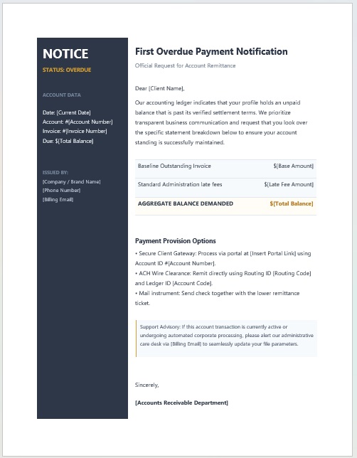 First overdue payment notice letter template for unpaid invoice reminders