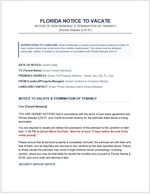 Florida Landlord Notice to vacate in Word and PDF for landlords to notify tenants of unpaid rent.