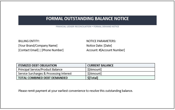 Professional formal outstanding balance notice template
