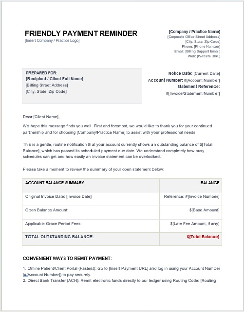 Best friendly payment reminder notice sample free download