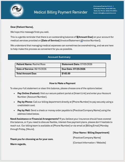 Printable medical billing payment reminder template.