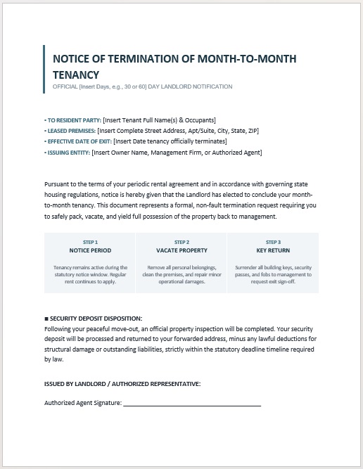 Printable month-to-month tenancy notice letter for ending a month-to-month rental agreement.