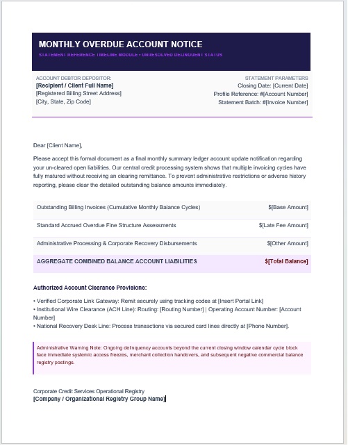 Monthly overdue account notice template with placeholders for customer name, invoice number, amount due and due date.