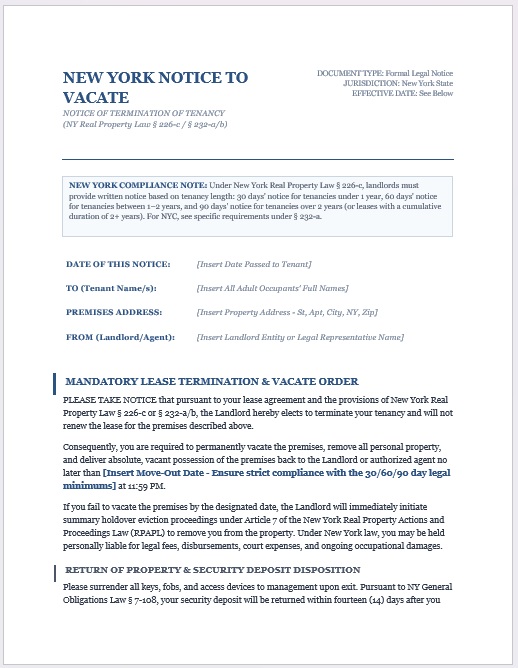 New York Payment Notice template in Word and PDF for unpaid rent and lease violations.