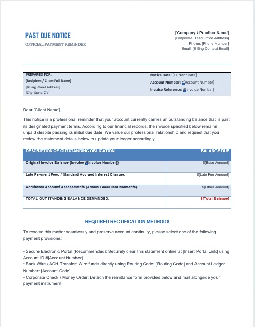 professional late‑payment notice template designed for businesses to request overdue payments