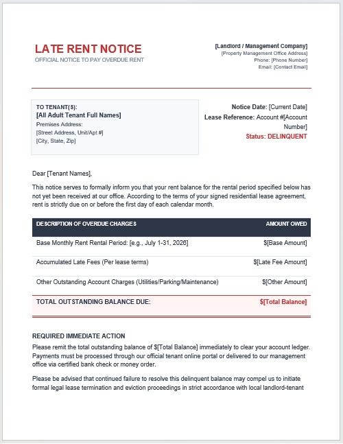 Ready to use rental late payment notice template word format.