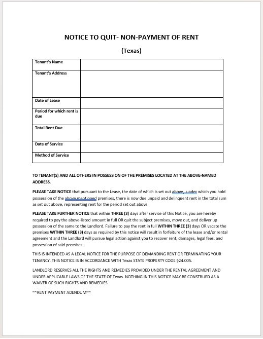 Editable Texas Non-Payment Notice template in Word and PDF for landlords to notify tenants of unpaid rent.